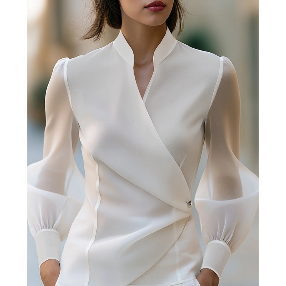 Mooyius Mandarin Collar Wrap Front Sheer Sleeve Blouse White Large